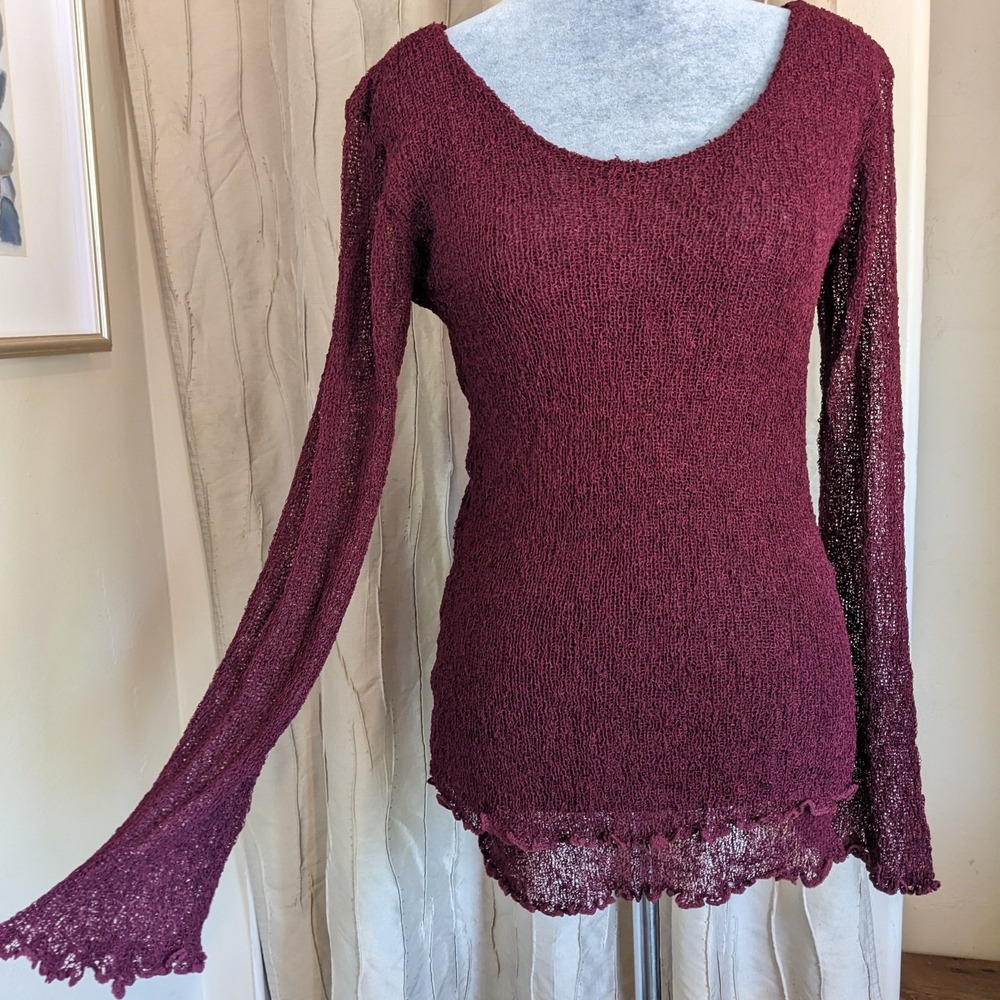 Lost River Sheer Open Knit Sweater OS Burgundy Flare Sleeve Fairy Grunge Boho